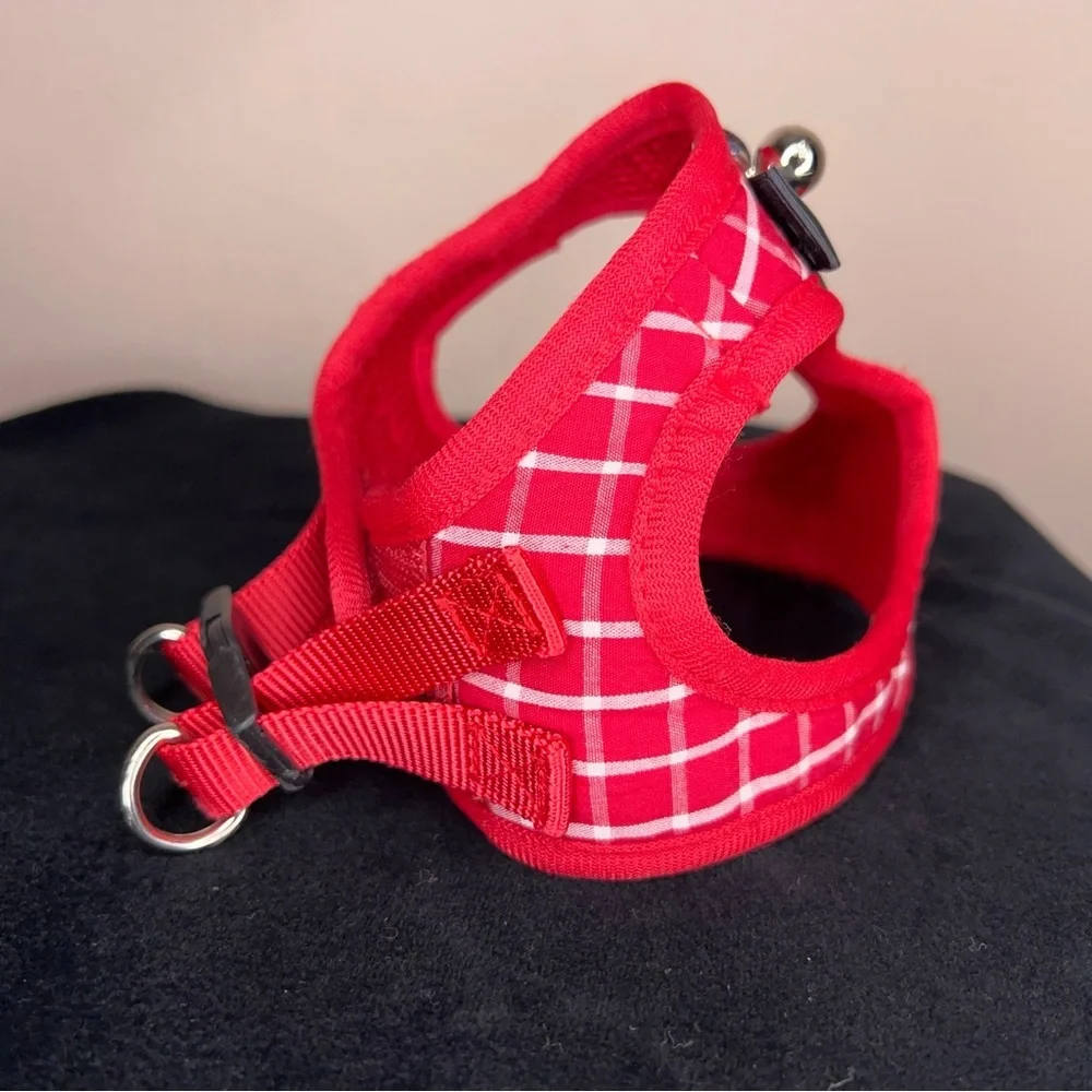 Small Cat Harness Red White Plaid Black Bow For Leash Walking